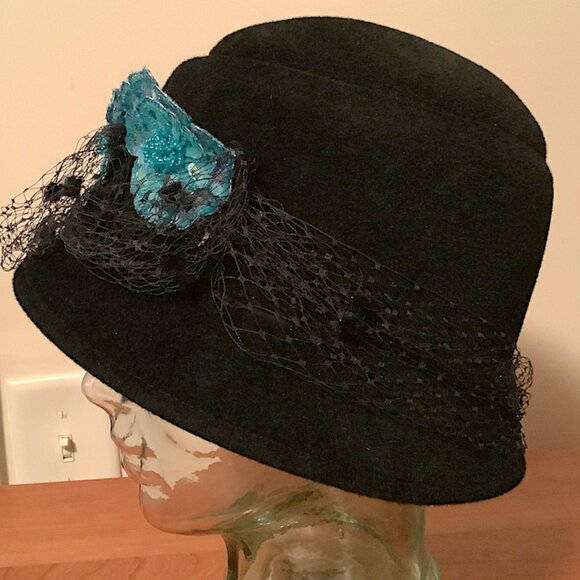 Andre  of Canada Black Felt Cloche Hat with Blue Flower Accents main image 8